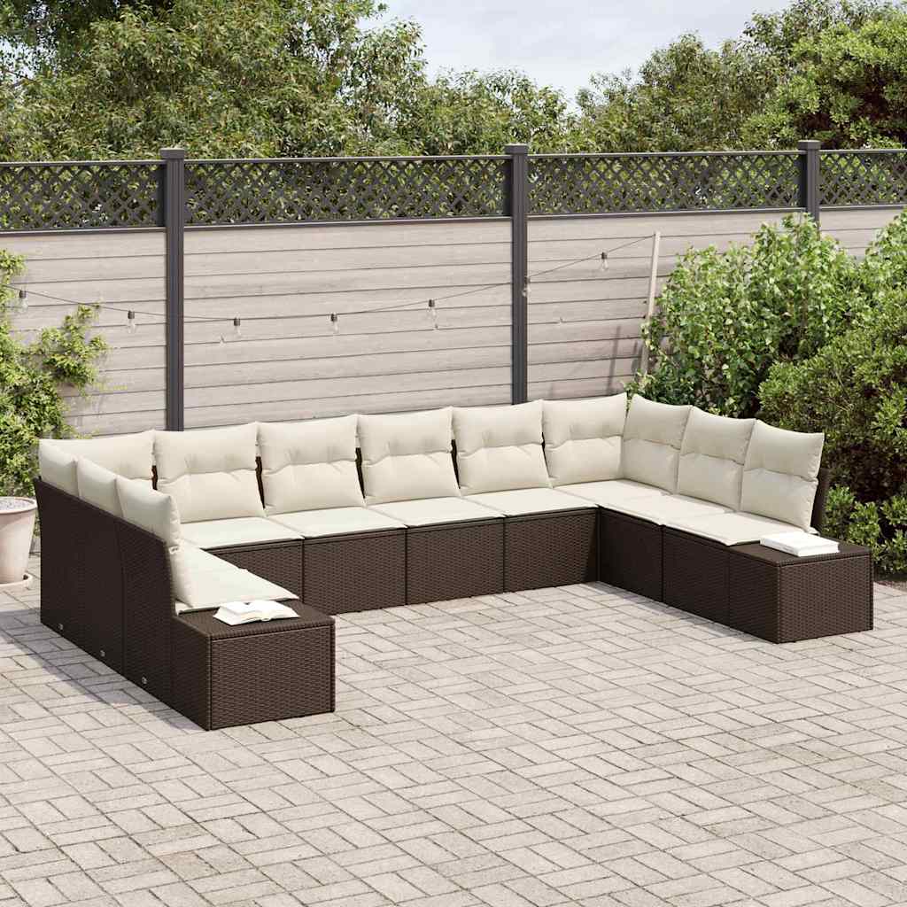 10 Gabalų Sodo Sofa Komplektas su Pagalvėlėmis Ruda Poli Rataninė