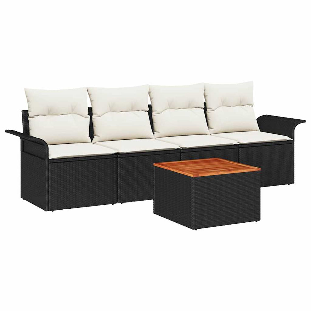 5 Piece Garden Sofa Set with Cushions Black Poly Rattan Acacia