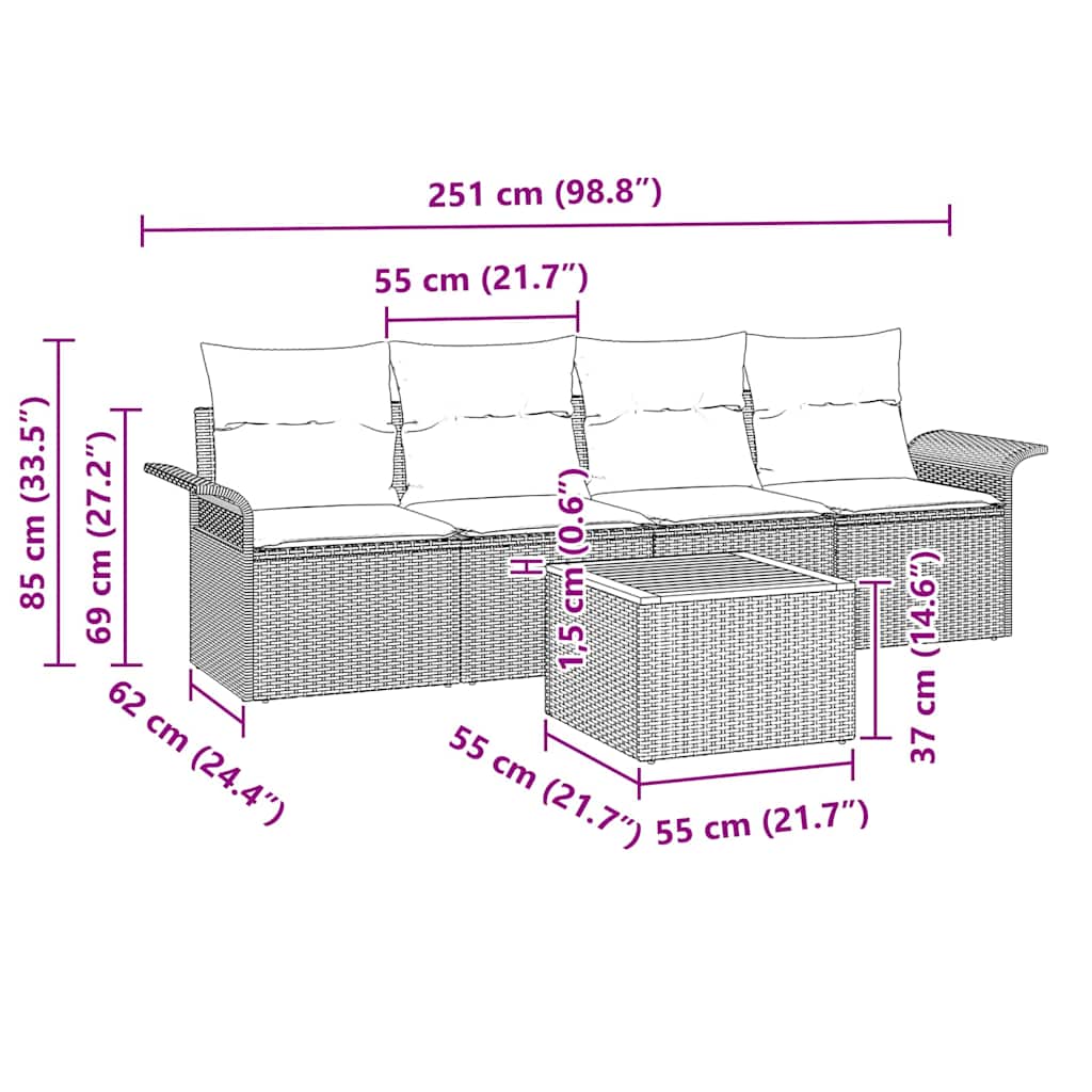 5 dalių sodo sofa komplektas su pilkomis pagalvėmis poli ratanas akacija