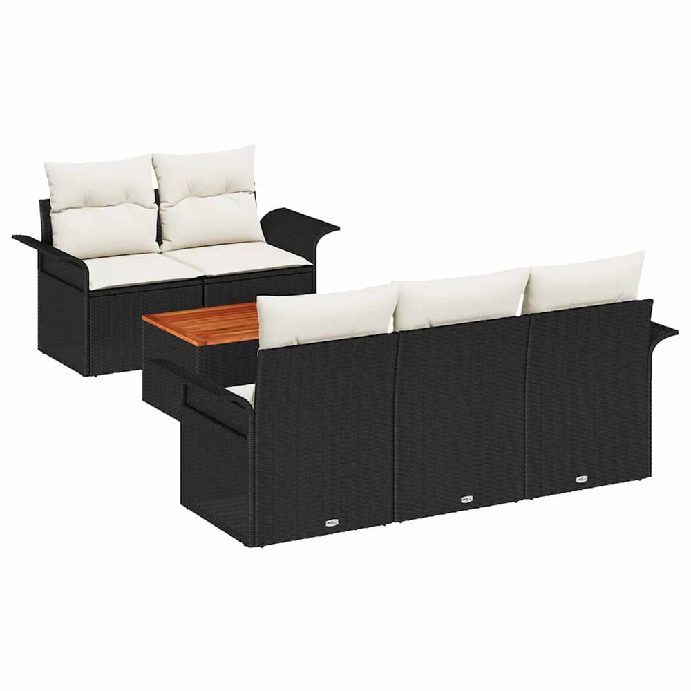 6 Piece Garden Sofa Set with Cushions Black Poly Rattan Acacia