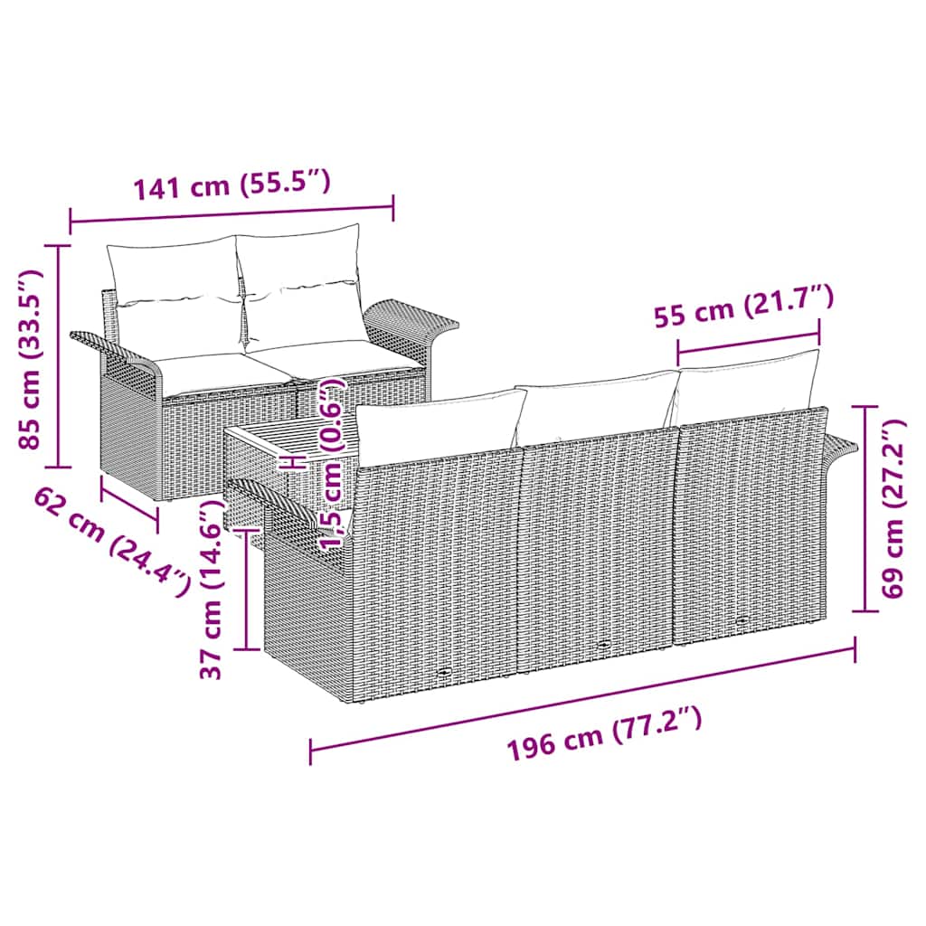 6 Dalių Sodo Sofa Rinkinys su Pagalvėmis Juoda Poli Ratanas Akacija