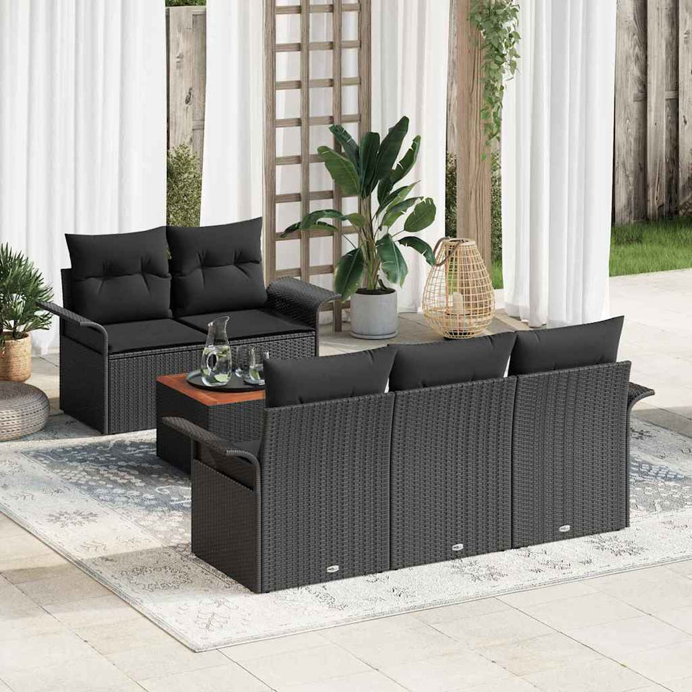 6 Dalių Sodo Sofa Rinkinys su Pagalvėlėmis Juoda Poli Ratanas Akacija