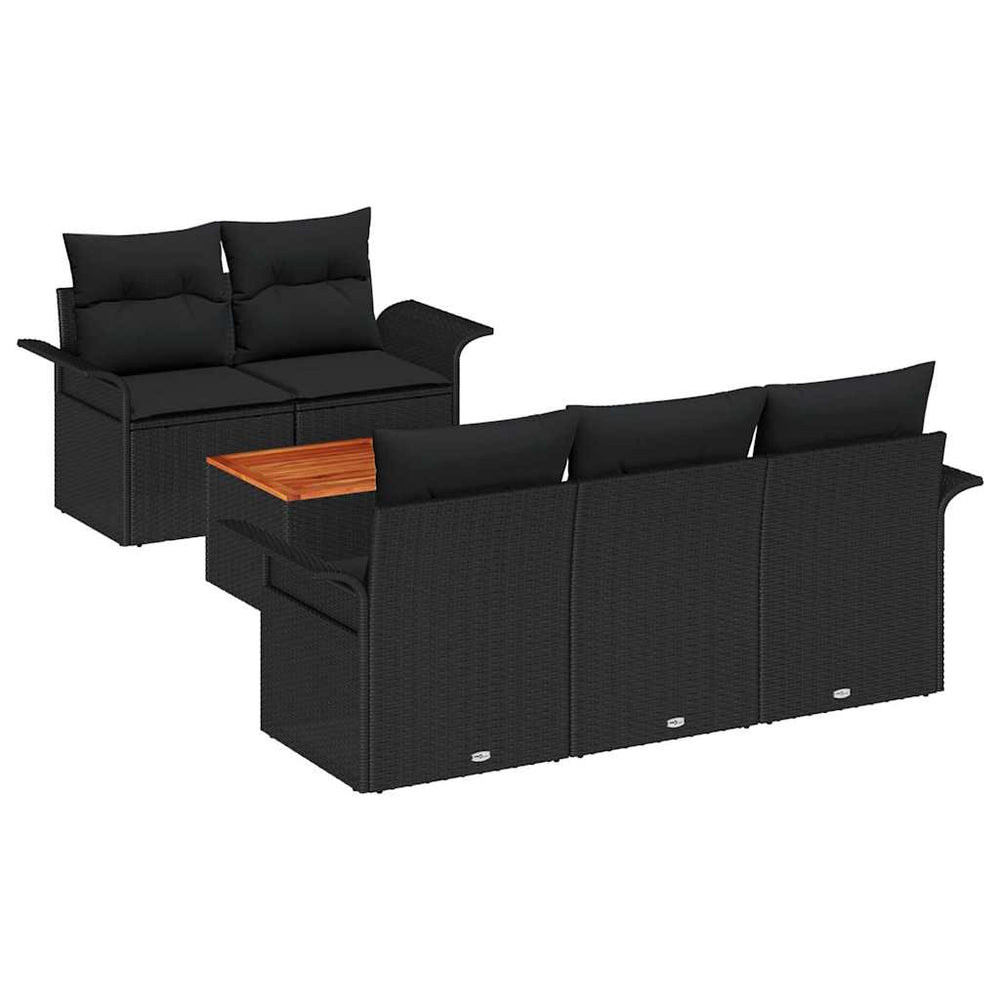 6-Piece Garden Sofa Set with Cushions Black Poly Rattan Acacia