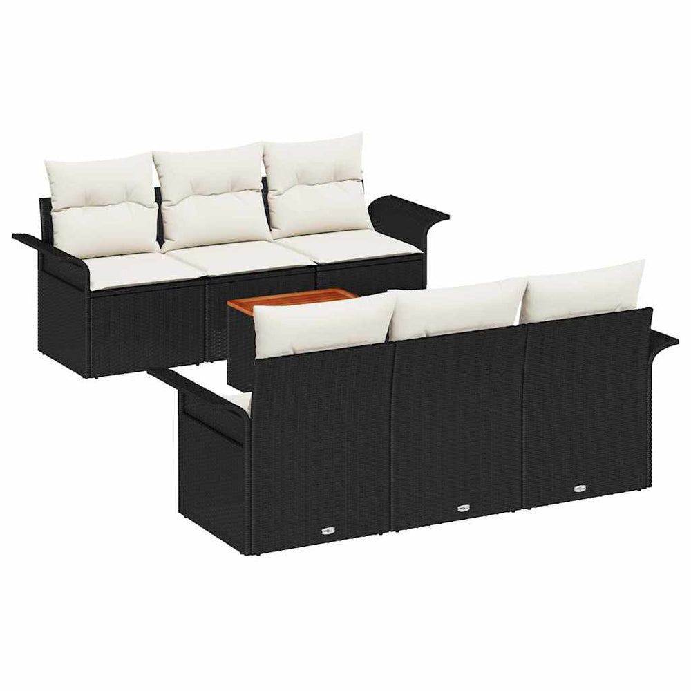 7-Piece Garden Sofa Set with Cushions Black Poly Rattan Acacia