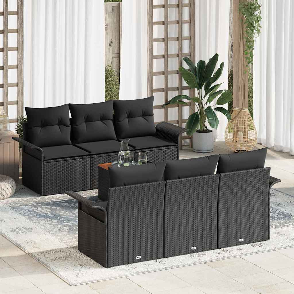 7 Piece Garden Sofa Set with Cushions Black Poly Rattan Acacia