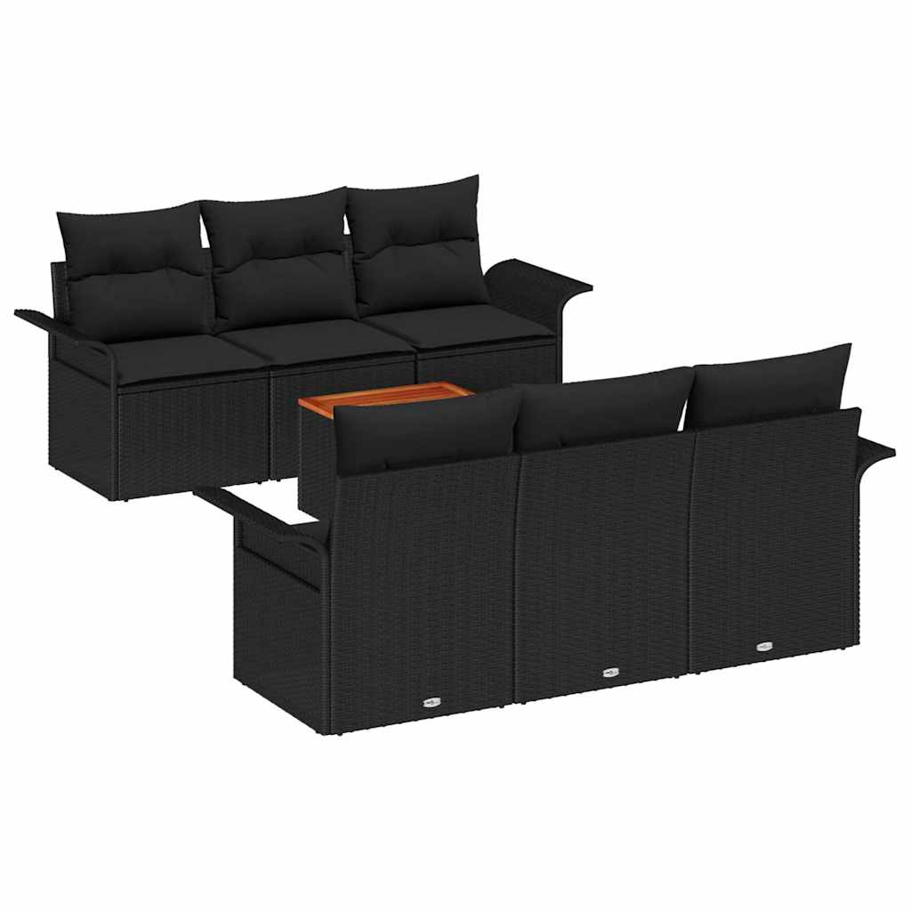 7 Piece Garden Sofa Set with Cushions Black Poly Rattan Acacia