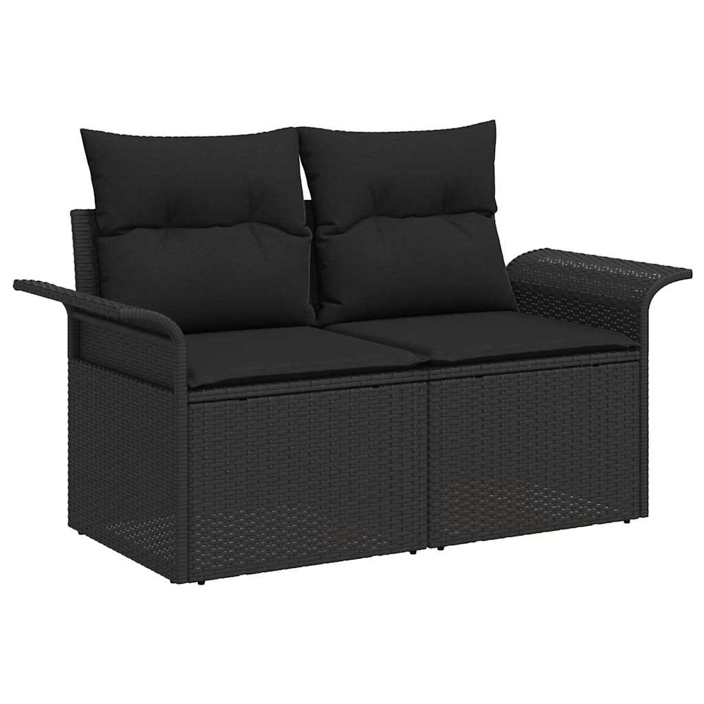 7 Piece Garden Sofa Set with Cushions Black Poly Rattan Acacia
