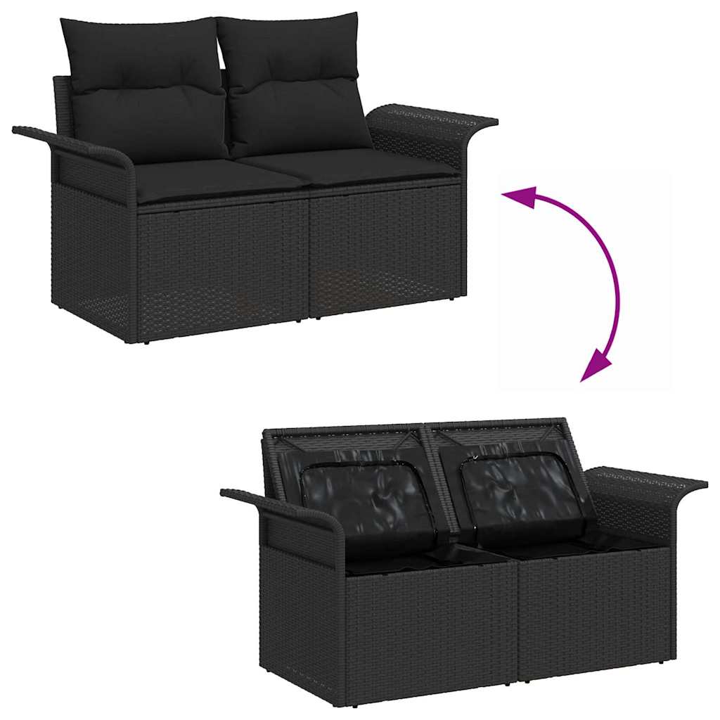 7 Piece Garden Sofa Set with Cushions Black Poly Rattan Acacia