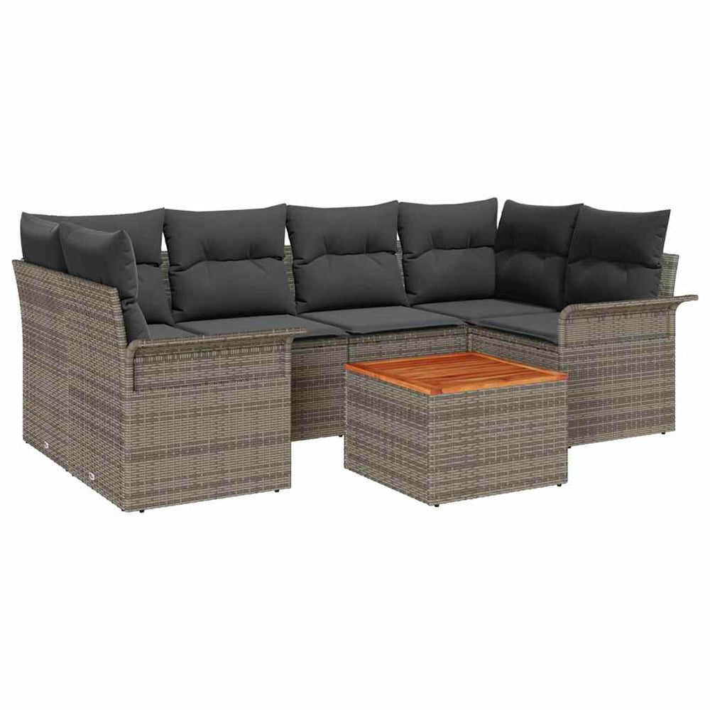 7-Piece Garden Sofa Set with Cushions Grey Poly Rattan Acacia