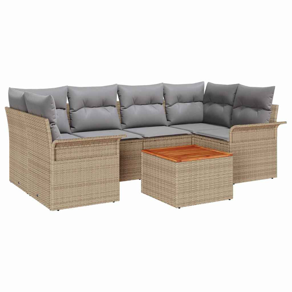 7-Piece Garden Sofa Set with Cushions Sand Poly Rattan Acacia