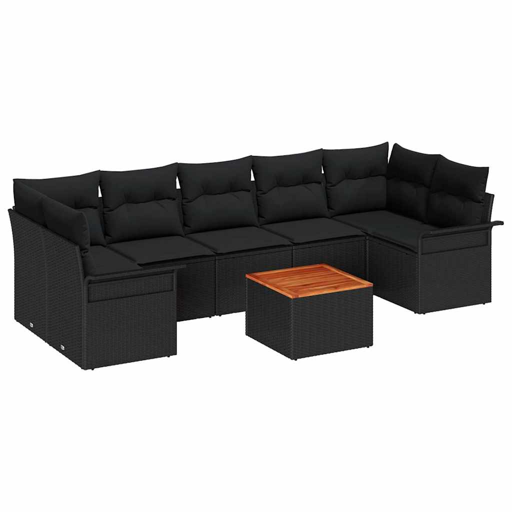 8-piece Garden Sofa Set with Cushions Black Poly Rattan Acacia