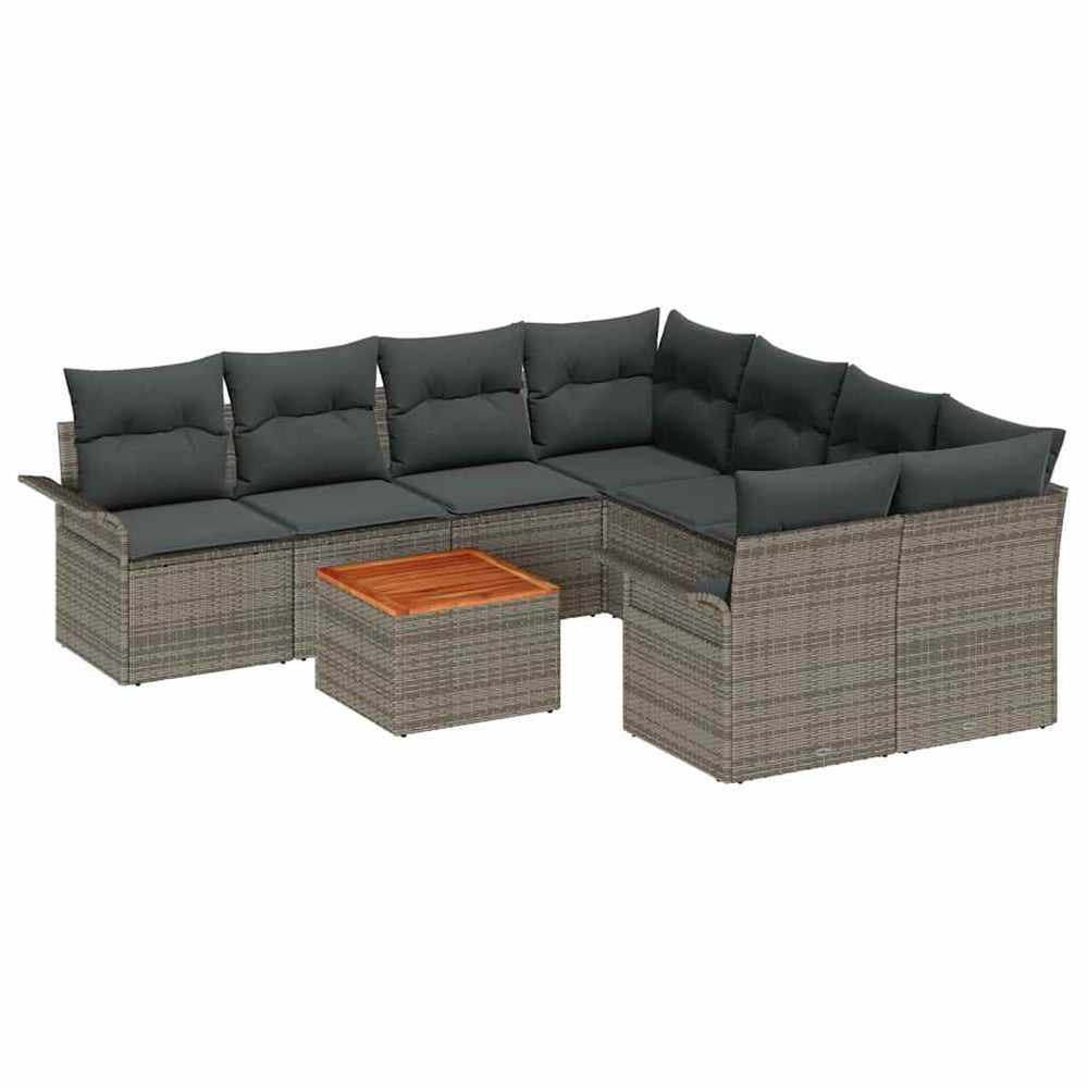 9-Piece Garden Sofa Set with Cushions Grey Poly Rattan Acacia