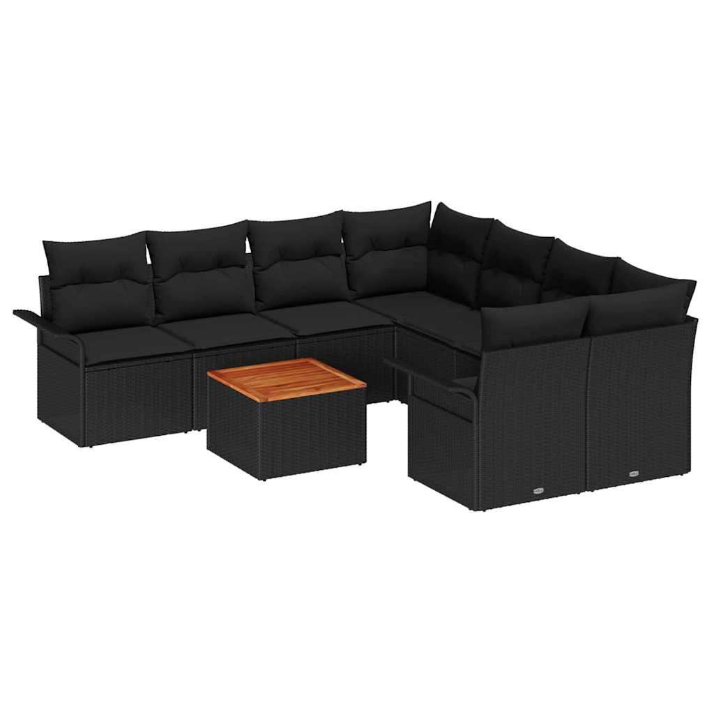 9 Dalių Sodo Sofa Rinkinys su Pagalvėlėmis Juoda Poliratanas Akacija