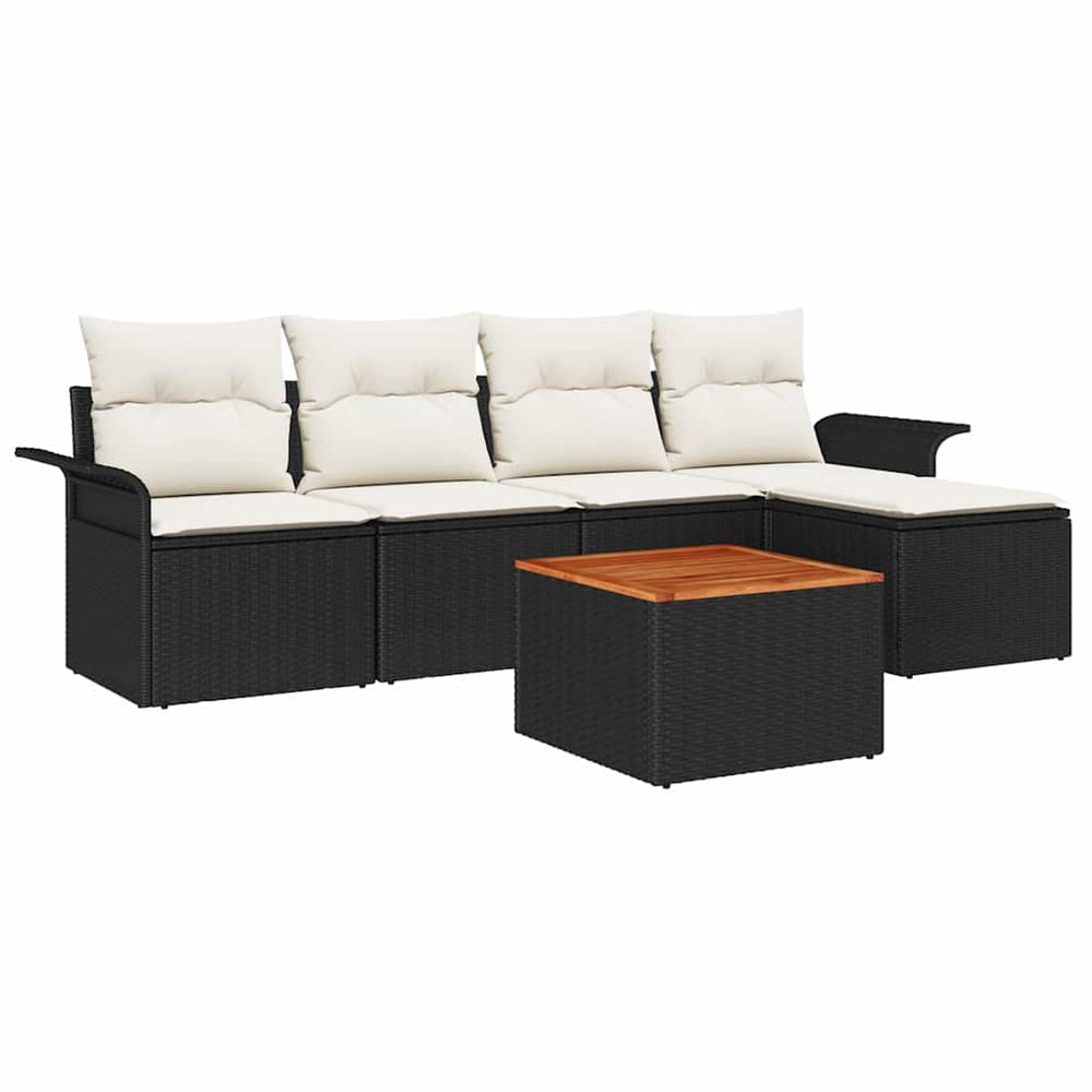 6 Piece Garden Sofa Set with Cushions Black Poly Rattan Acacia