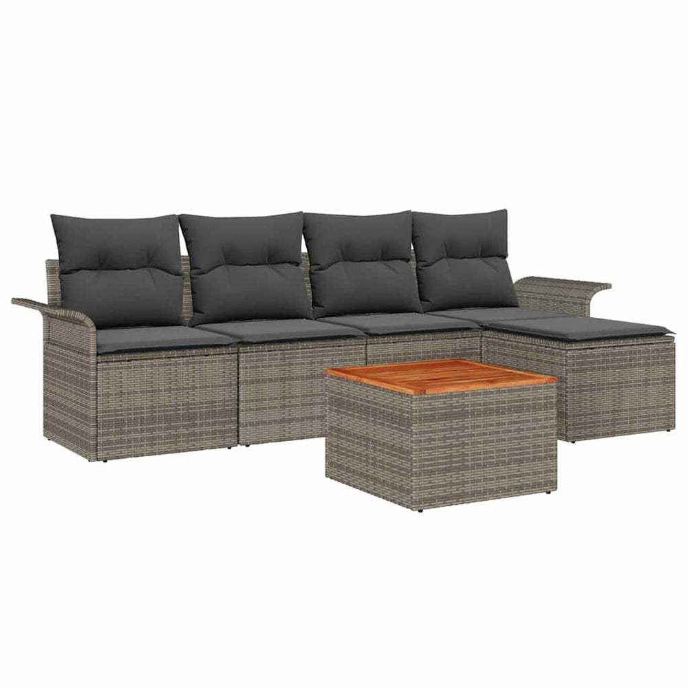 6-Piece Garden Sofa Set with Cushions Grey Poly Rattan Acacia