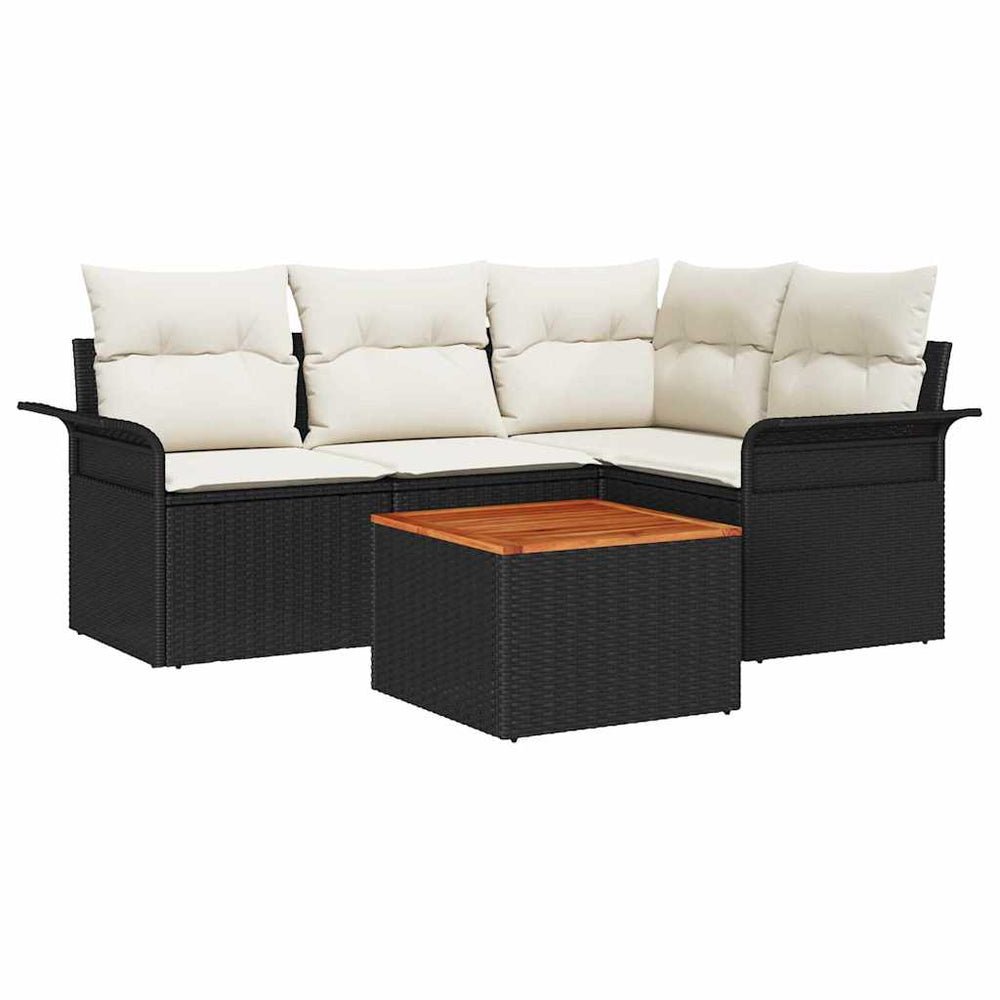 5 Piece Garden Sofa Set with Cushions Black Poly Rattan Acacia