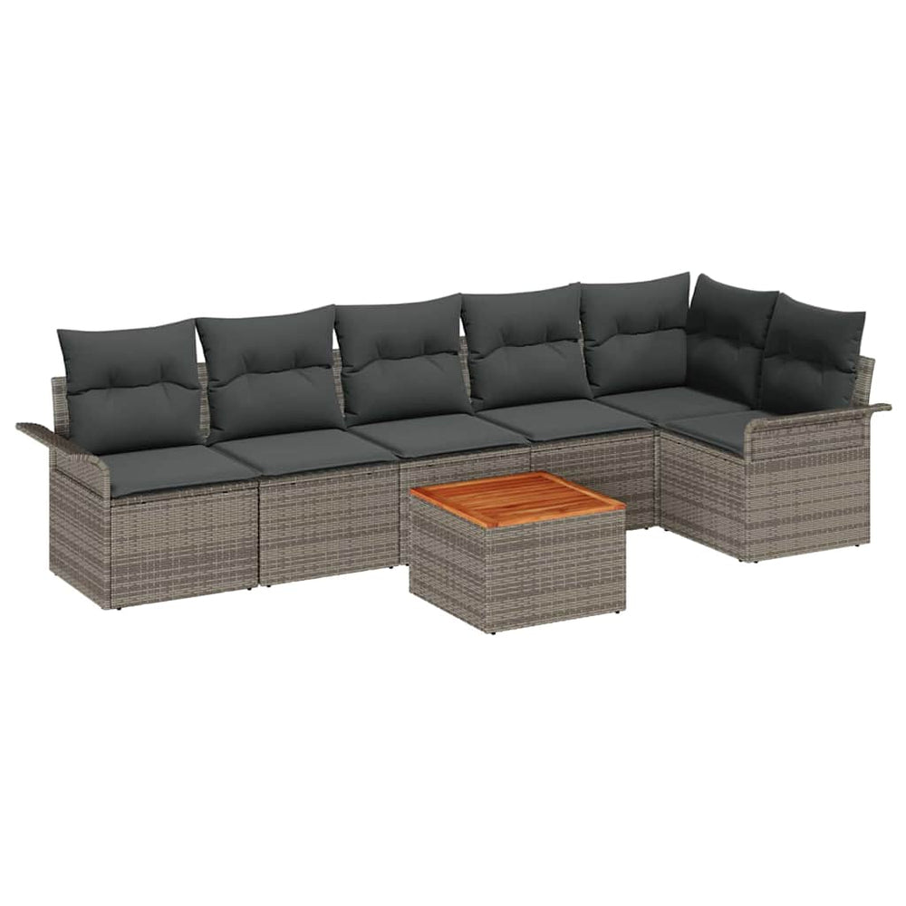 7-piece garden sofa set with cushions in grey poly rattan acacia