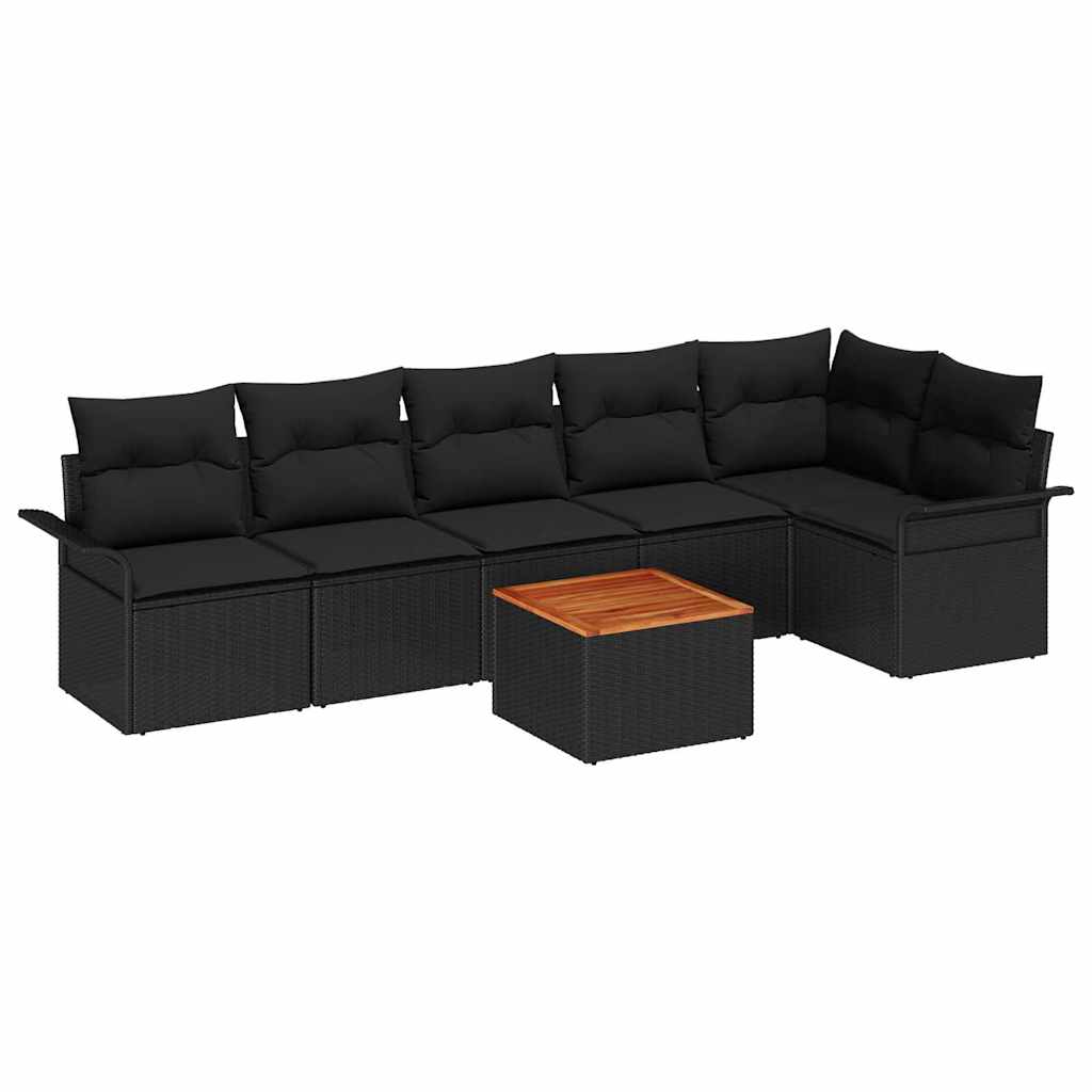 7 dalių sodo sofa komplektas su pagalvėmis Juoda Poli ratanas Akacijos