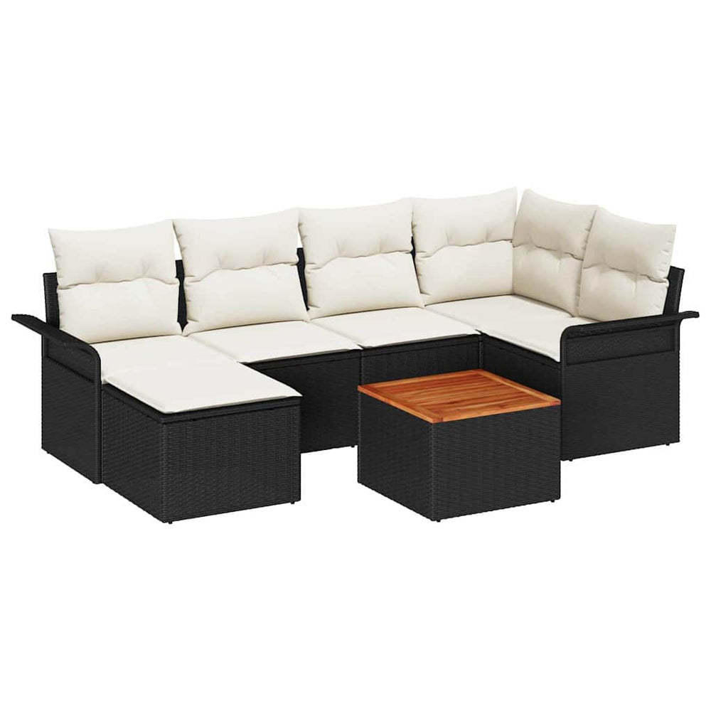 7 Piece Outdoor Sofa Set with Cushions Black Poly Rattan Acacia