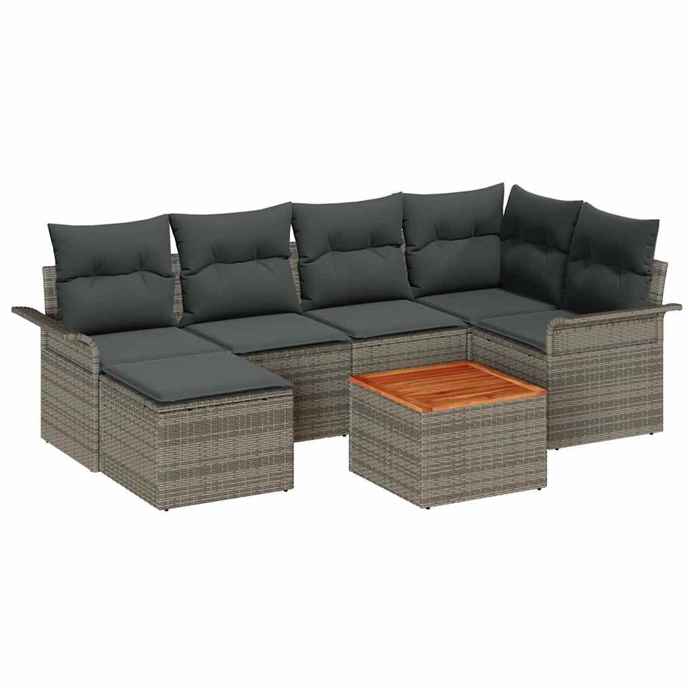 7-Piece Garden Sofa Set with Cushions Grey Poly Rattan Acacia