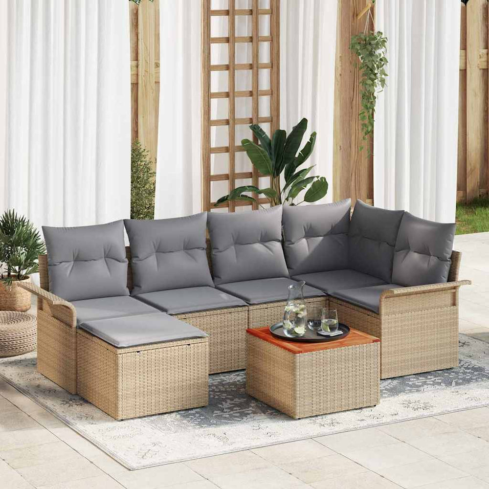 7 dalių sodo sofa su pagalvėlėmis smėlio spalvos poli ratanas akacijos mediena