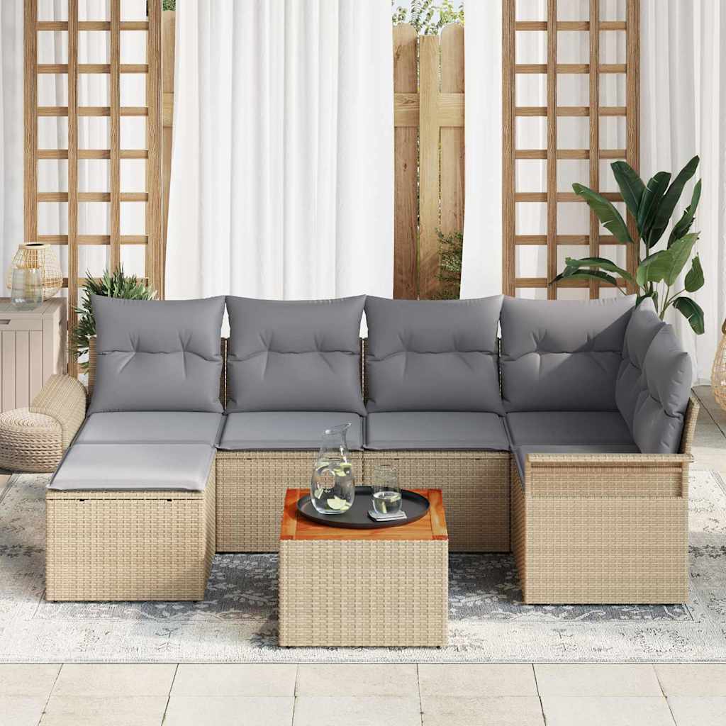 7 dalių sodo sofa su pagalvėlėmis smėlio spalvos poli ratanas akacijos mediena