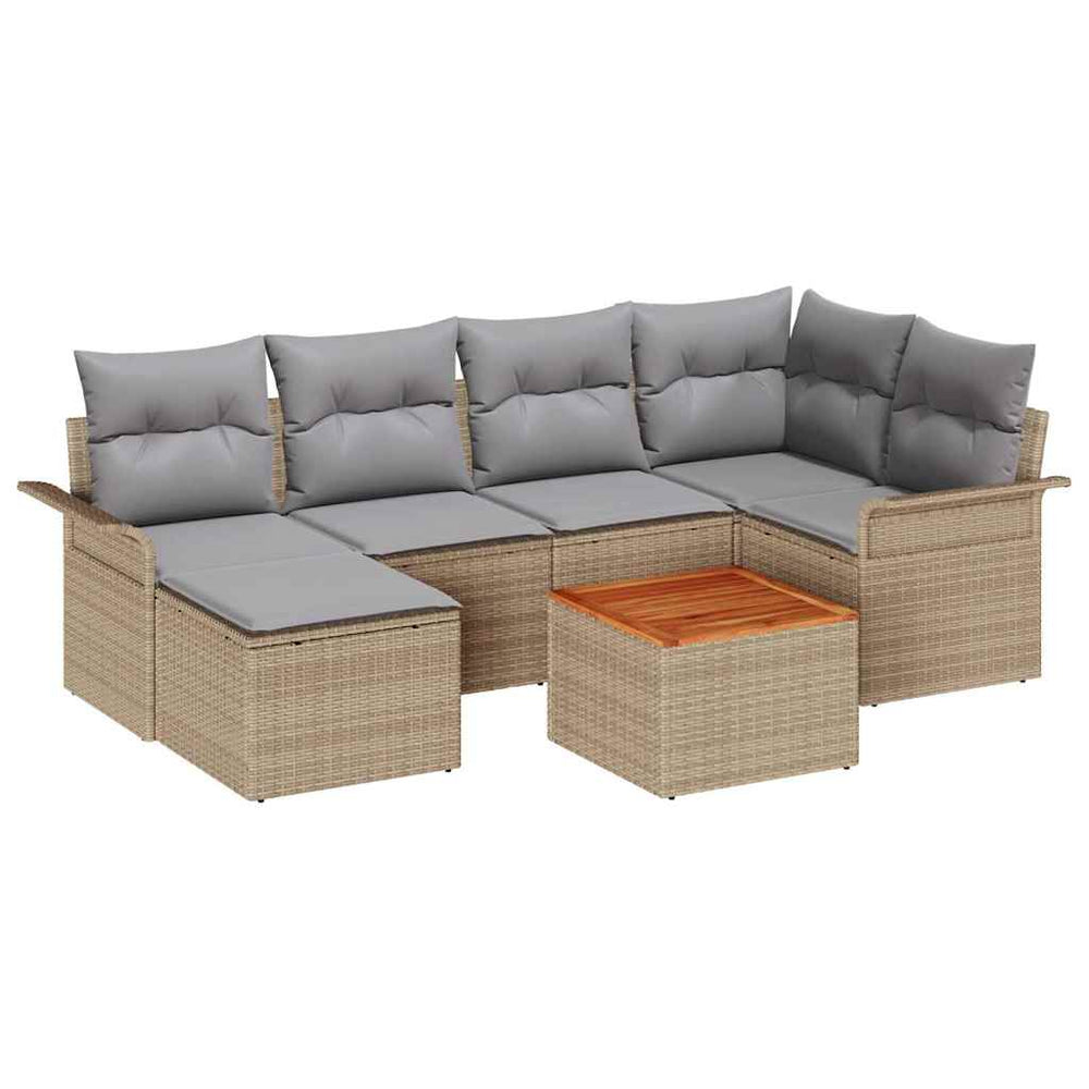 7-Piece Garden Sofa with Cushions Sand Colour Poly Rattan Acacia Wood
