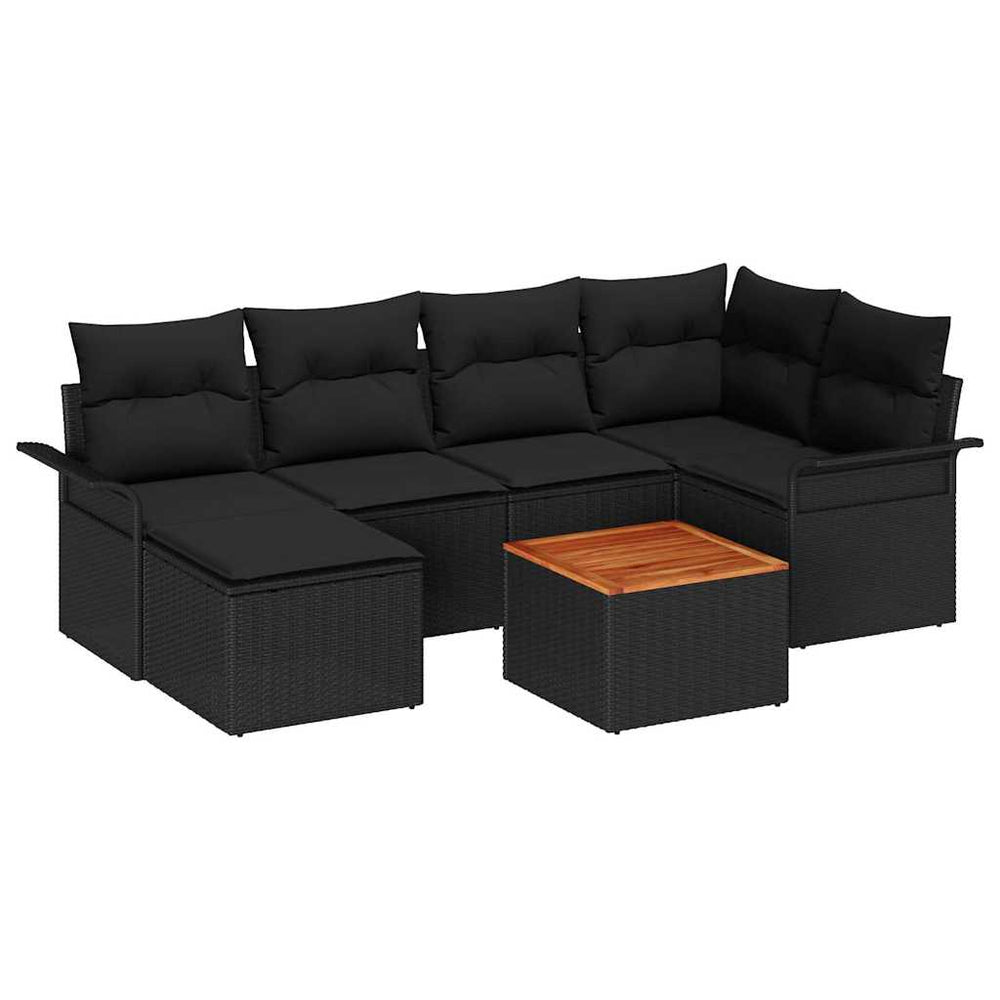 7-Piece Garden Sofa Set with Cushions Black Poly Rattan Acacia