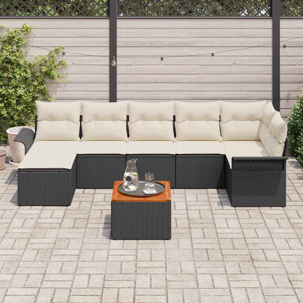8 Dalių Sodo Sofa Rinkinys su Pagalvėmis Juodas Poli Ratanas Akacijos
