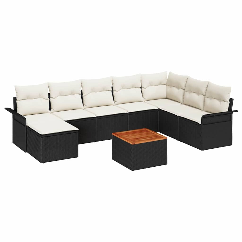 9 dalių sodo sofa komplektas su pagalvėmis juodas poli ratanas akacijos