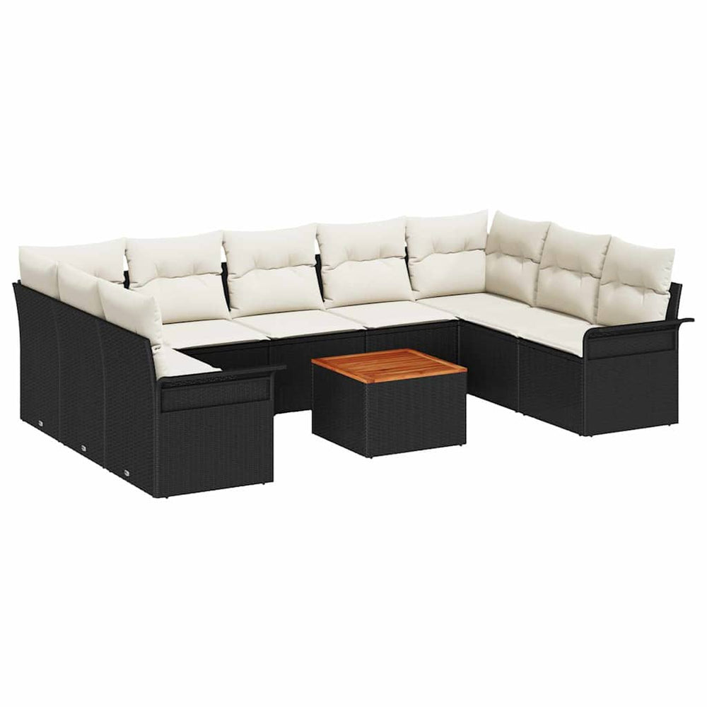 10-piece Garden Sofa Set with Cushions Black Poly Rattan Acacia