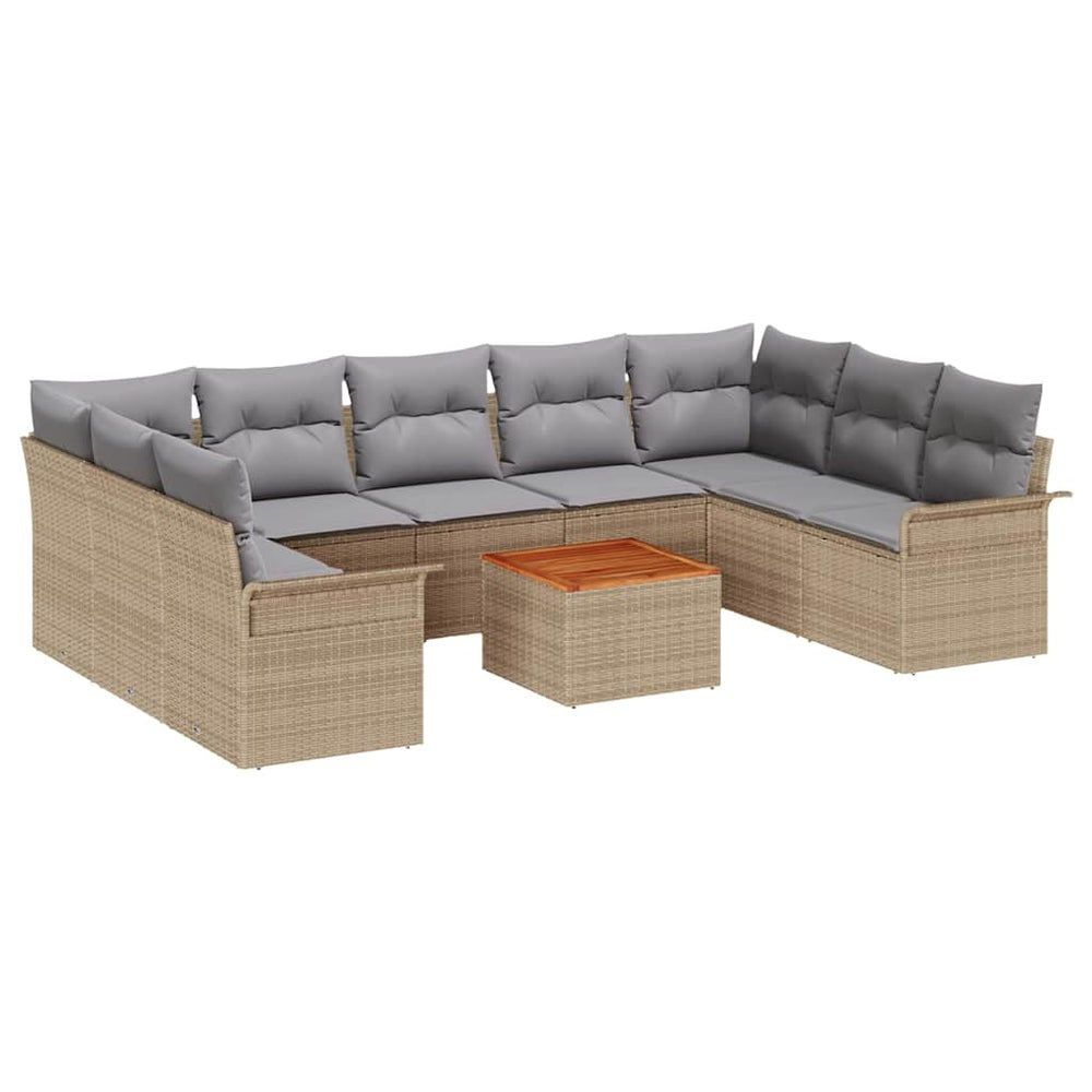 10-Piece Garden Sofa Set with Cushions Sand Poly Rattan Acacia