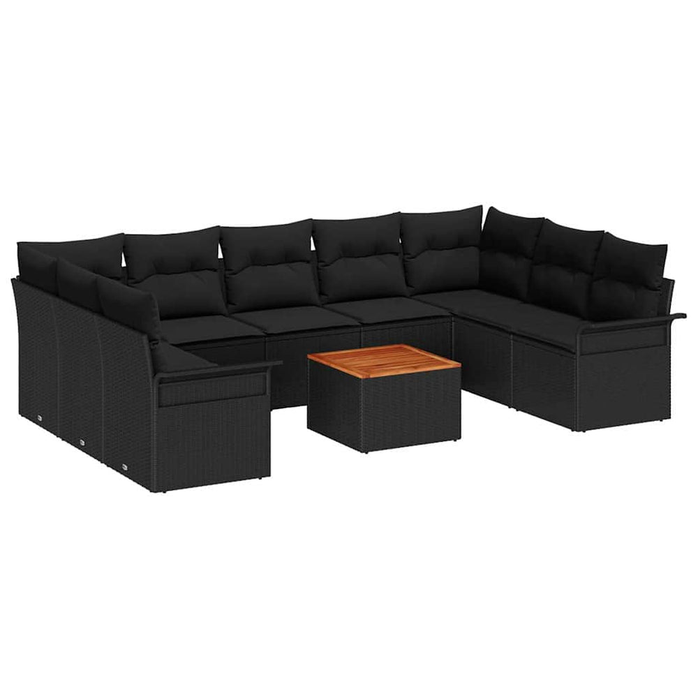 10-Piece Garden Sofa Set with Cushions Black Poly Rattan Acacia