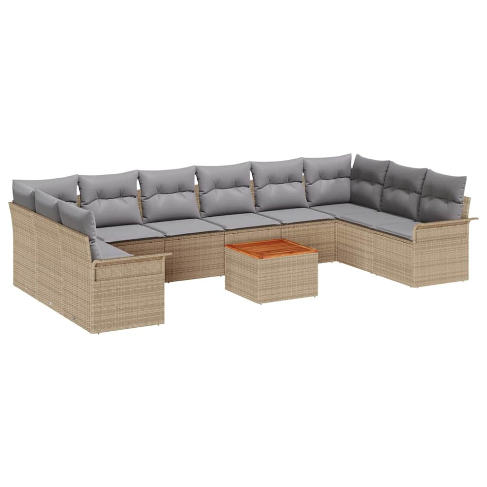 11-Piece Garden Sofa Set with Cushions Sand Poly Rattan Acacia