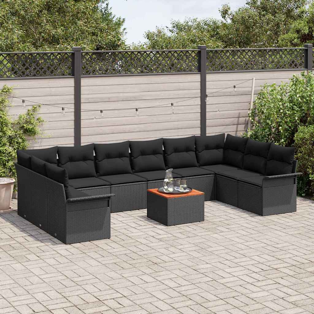 11 dalių sodo sofa komplektas su pagalvėlėmis Juoda Poli ratanas Akacija