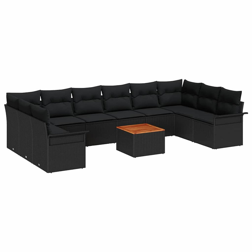 11 dalių sodo sofa komplektas su pagalvėlėmis Juoda Poli ratanas Akacija