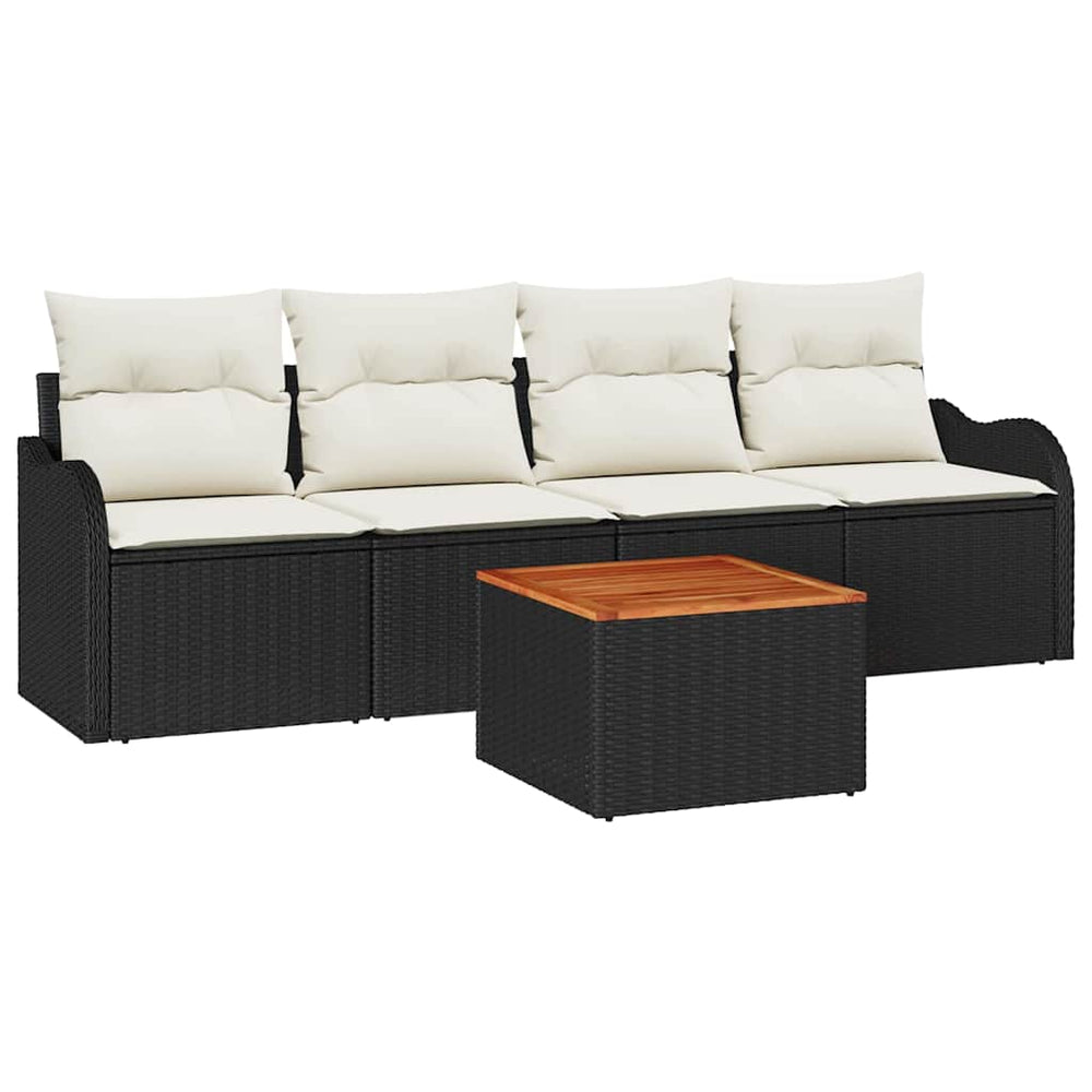 5-Piece Garden Sofa Set with Cushions Black Poly Rattan Acacia