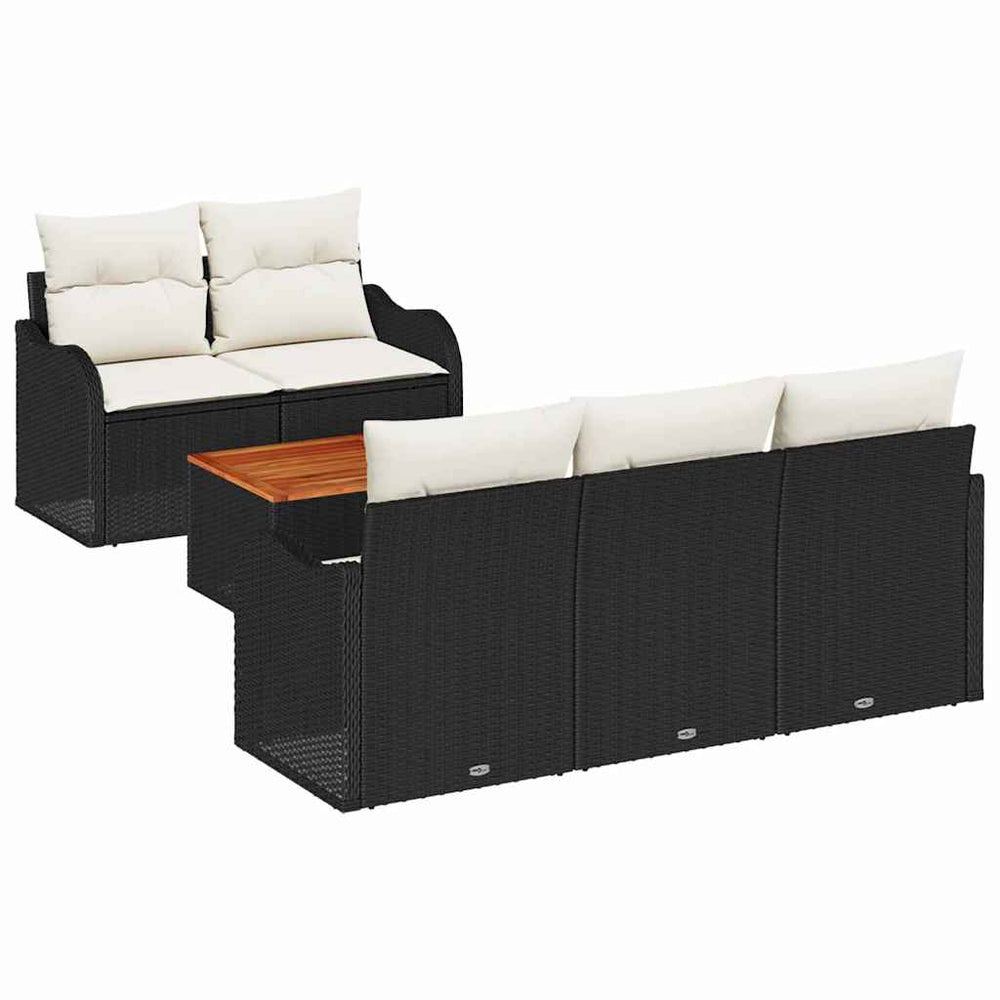 6 Piece Garden Sofa Set with Cushions Black Poly Rattan Acacia