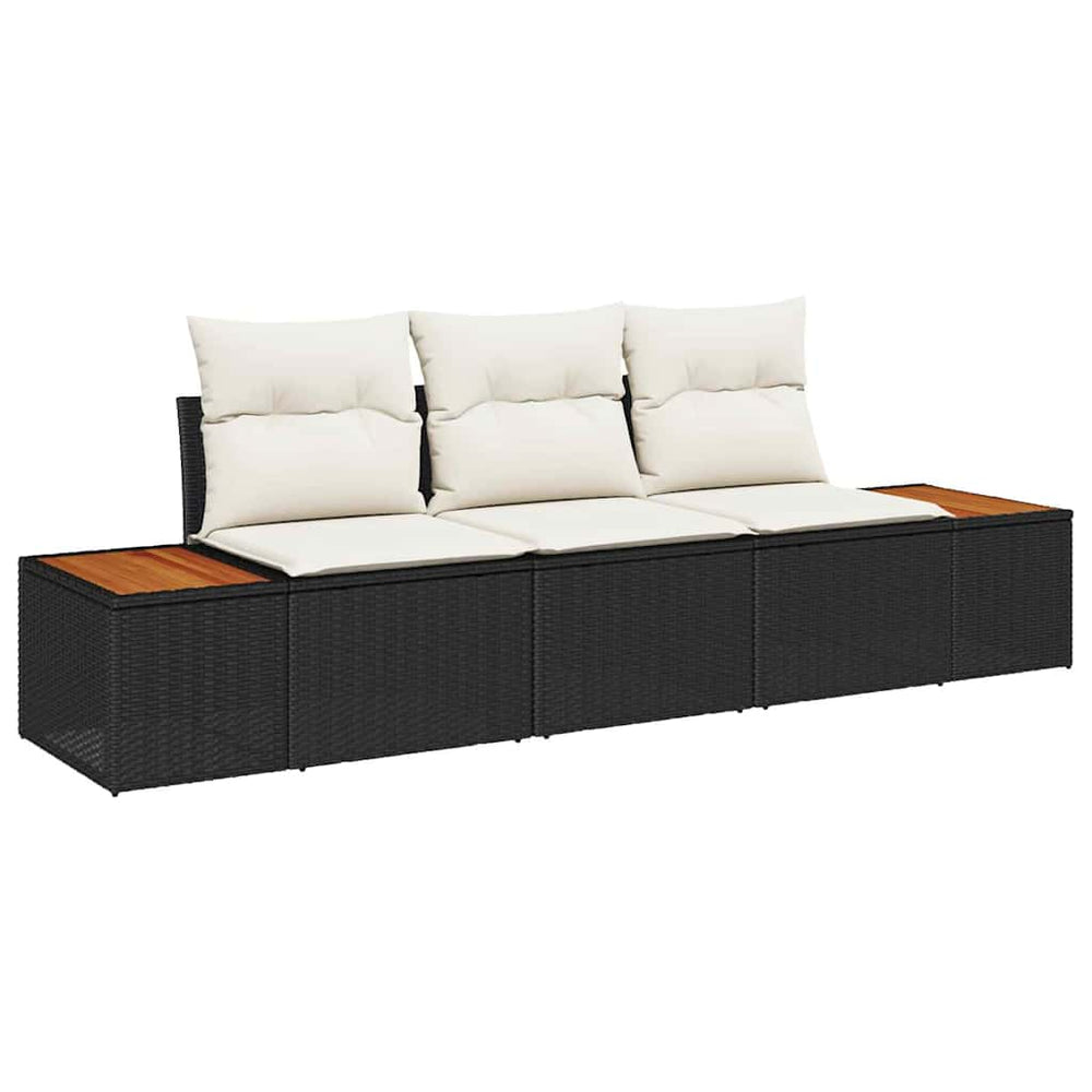 3-Piece Garden Sofa Set with Cushions Black Poly Rattan Acacia