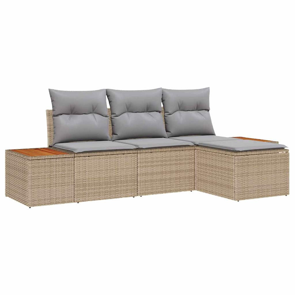 4-Piece Garden Sofa Set with Cushions, Sand, Poly Rattan Acacia
