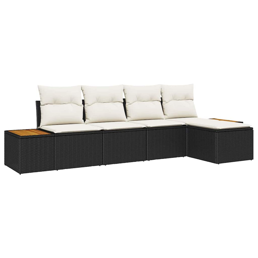 5-Piece Garden Sofa Set with Cushions Black Poly Rattan Acacia