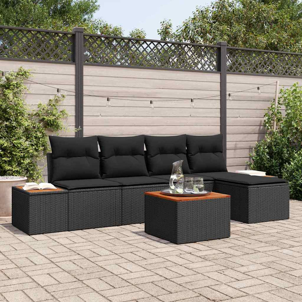 6 Dalių Sodo Sofa Komplektas su Pagalvėmis Juodas Poli Ratanas Akacijos