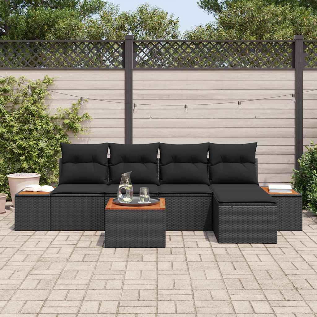 6 Dalių Sodo Sofa Komplektas su Pagalvėmis Juodas Poli Ratanas Akacijos