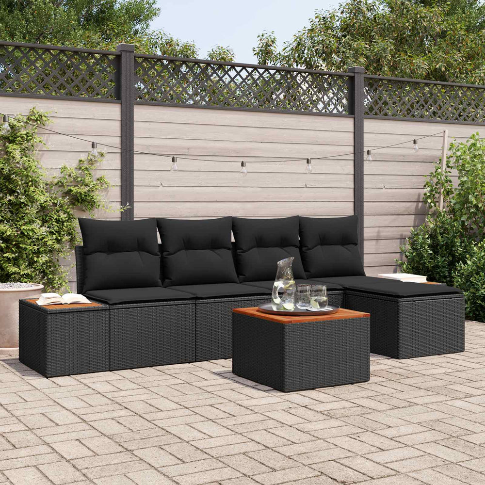 6-Piece Garden Sofa Set with Cushions Black Poly Rattan Acacia
