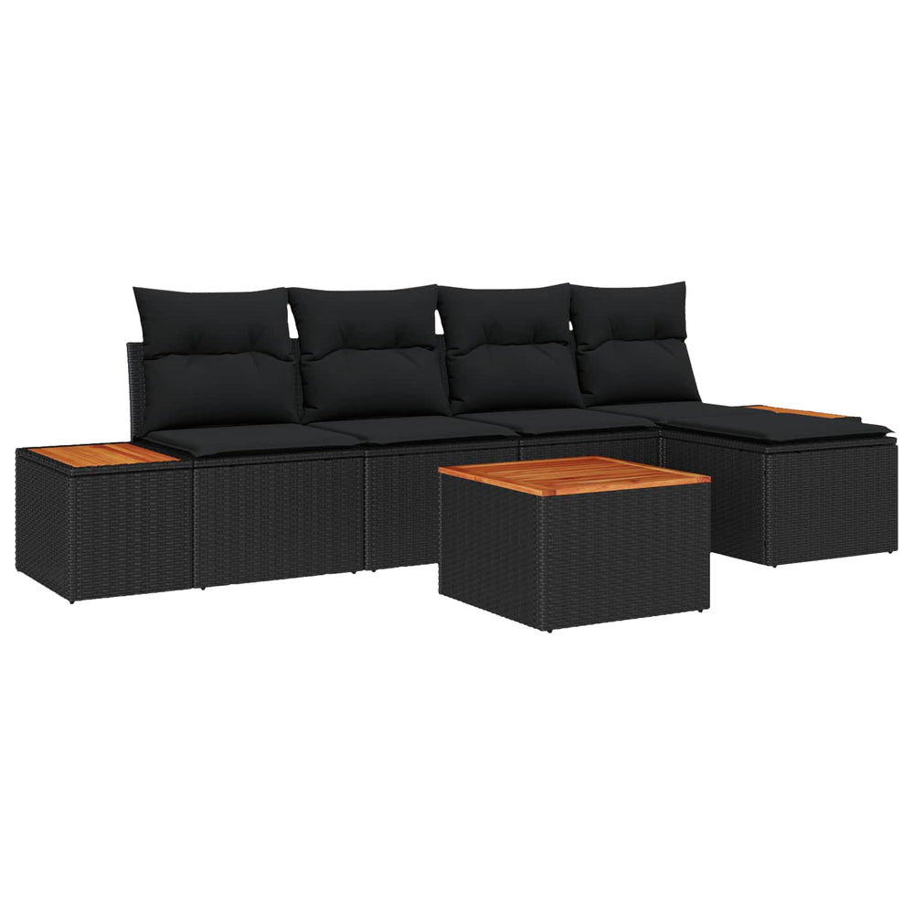 6-Piece Garden Sofa Set with Cushions Black Poly Rattan Acacia