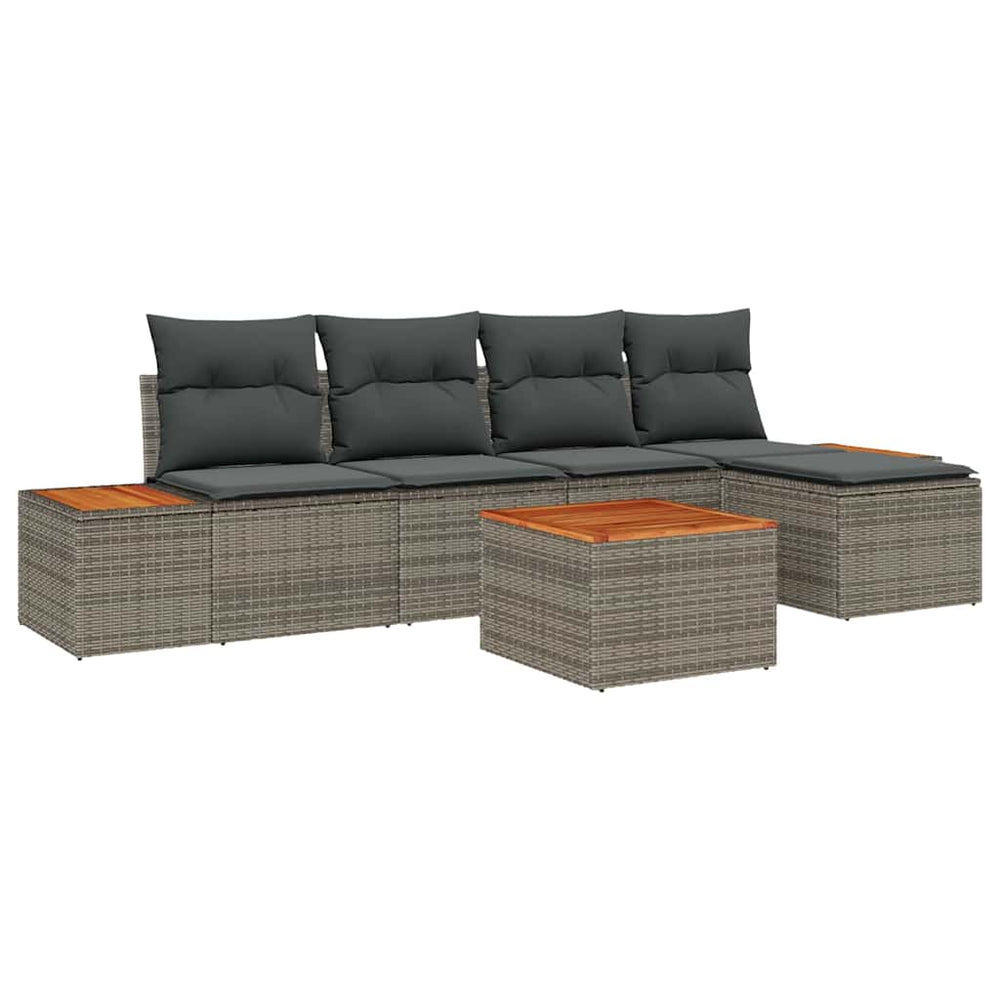 6 Piece Garden Sofa Set with Cushions, Grey Poly Rattan Acacia