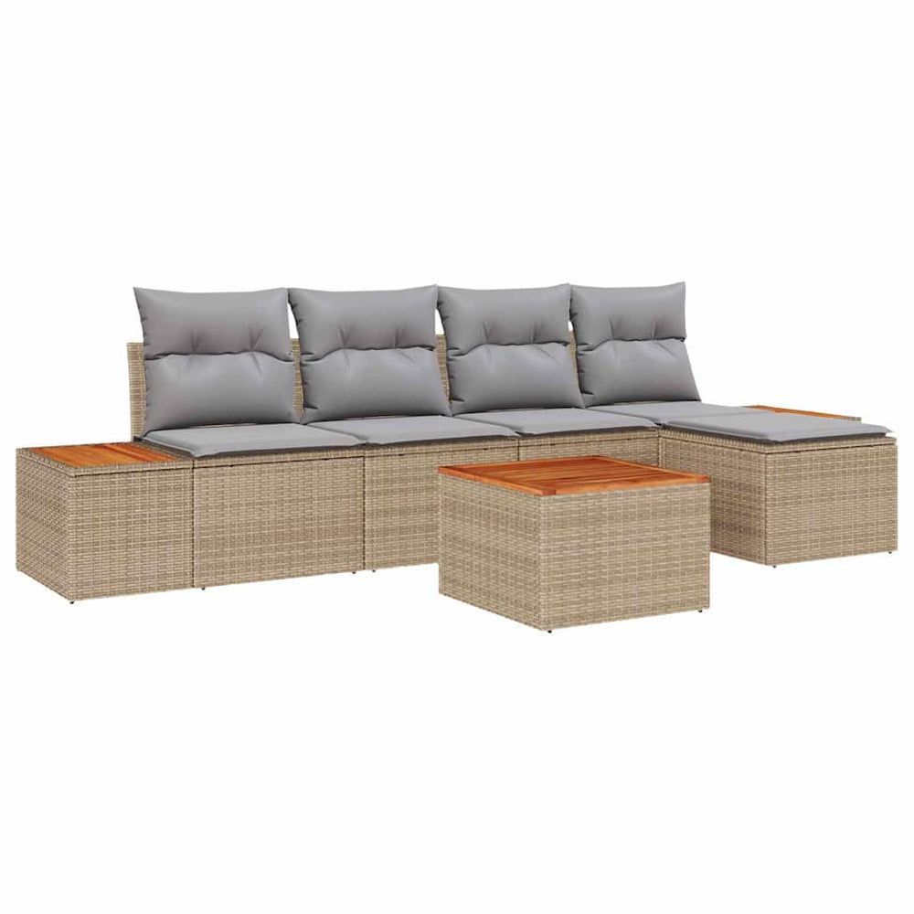 6-piece Garden Sofa Set with Cushions - Sand Poly Rattan
