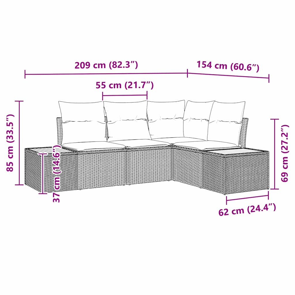 Sodo Sofų Rinkinys su pagalve 4 pcs Pilka Poliratanas