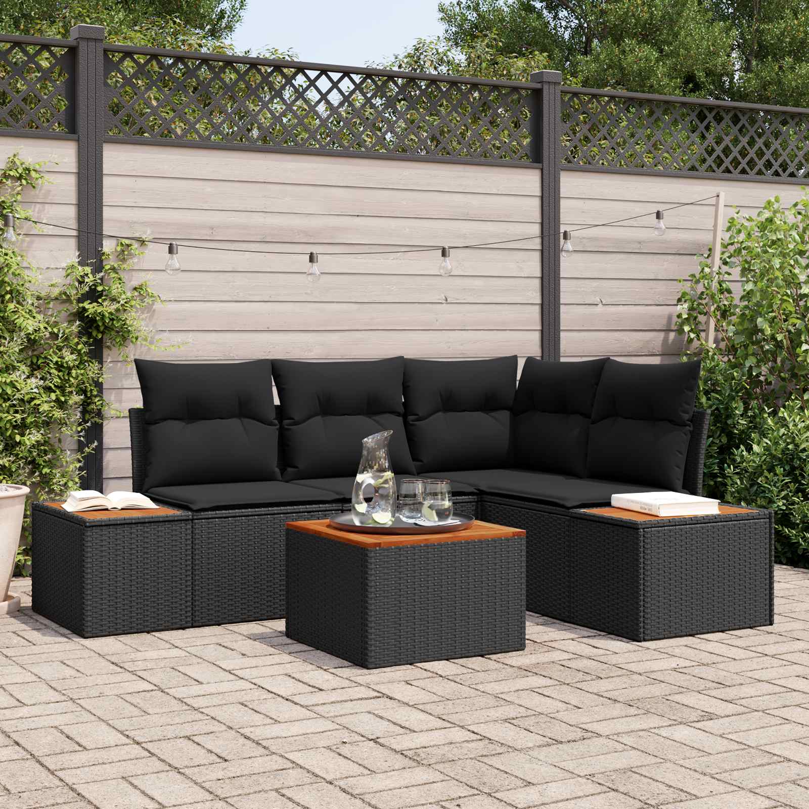 Sodo Sofų Rinkinys su pagalve 4 pcs Juoda Poliratanas
