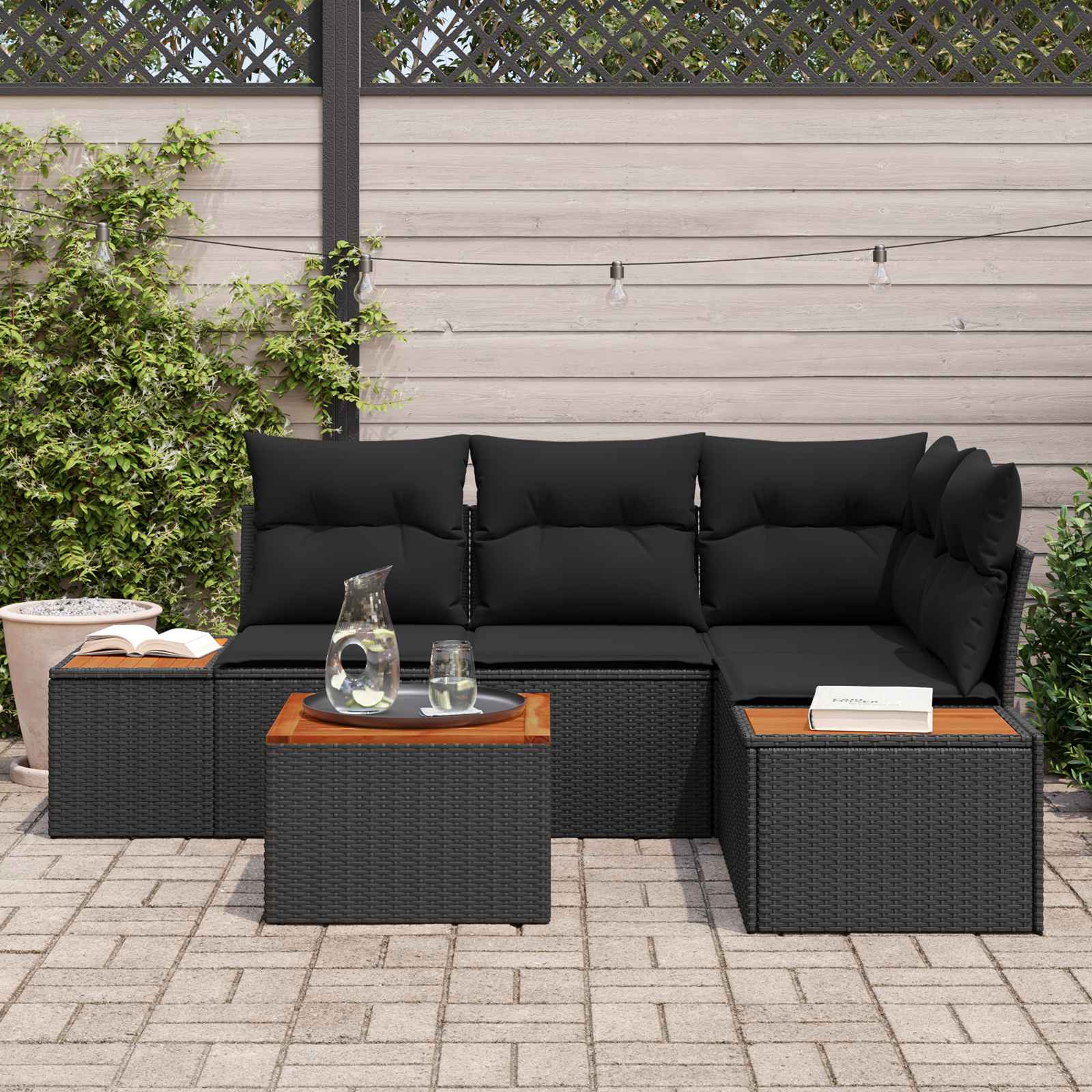 Sodo Sofų Rinkinys su pagalve 4 pcs Juoda Poliratanas